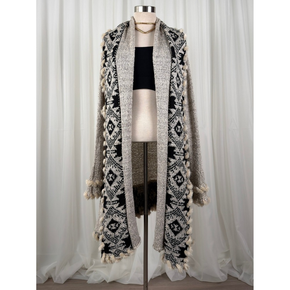 K. Jordan Duster Cardigan Womens L Gray Black Faux Fur Pom Pom‎ Boho